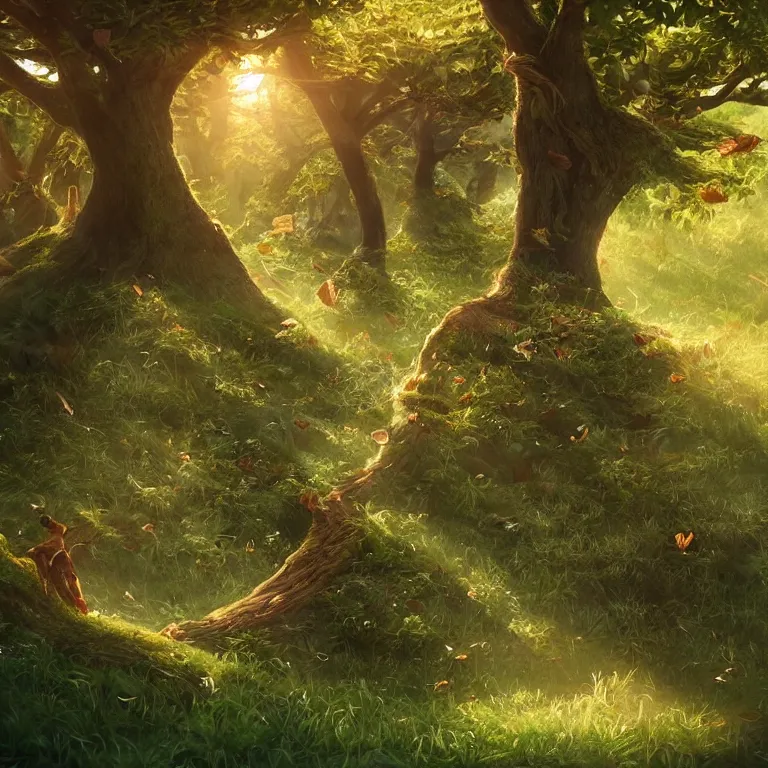 Prompt: tiny seeds float around a fairytale tree in a sunny forest glade, radiant morning light, trending on artstation