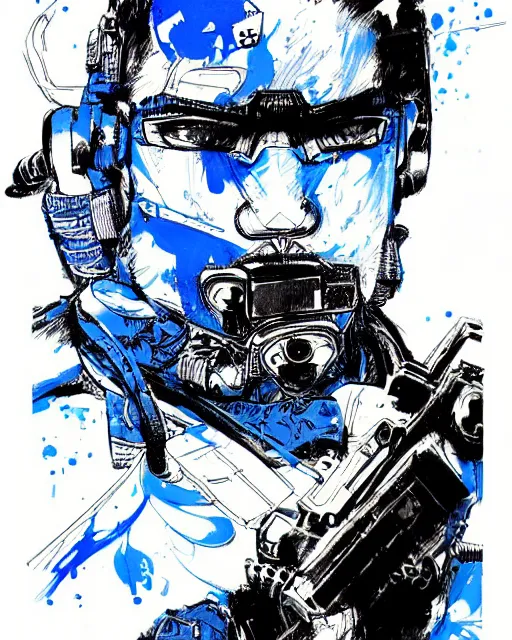 Image similar to portrait of a special ops swat officer, blue color splash, concept art, sumi - e style, intricate linework, artstation, trending, highly detailed, smooth, focus, art by yoji shinkawa,