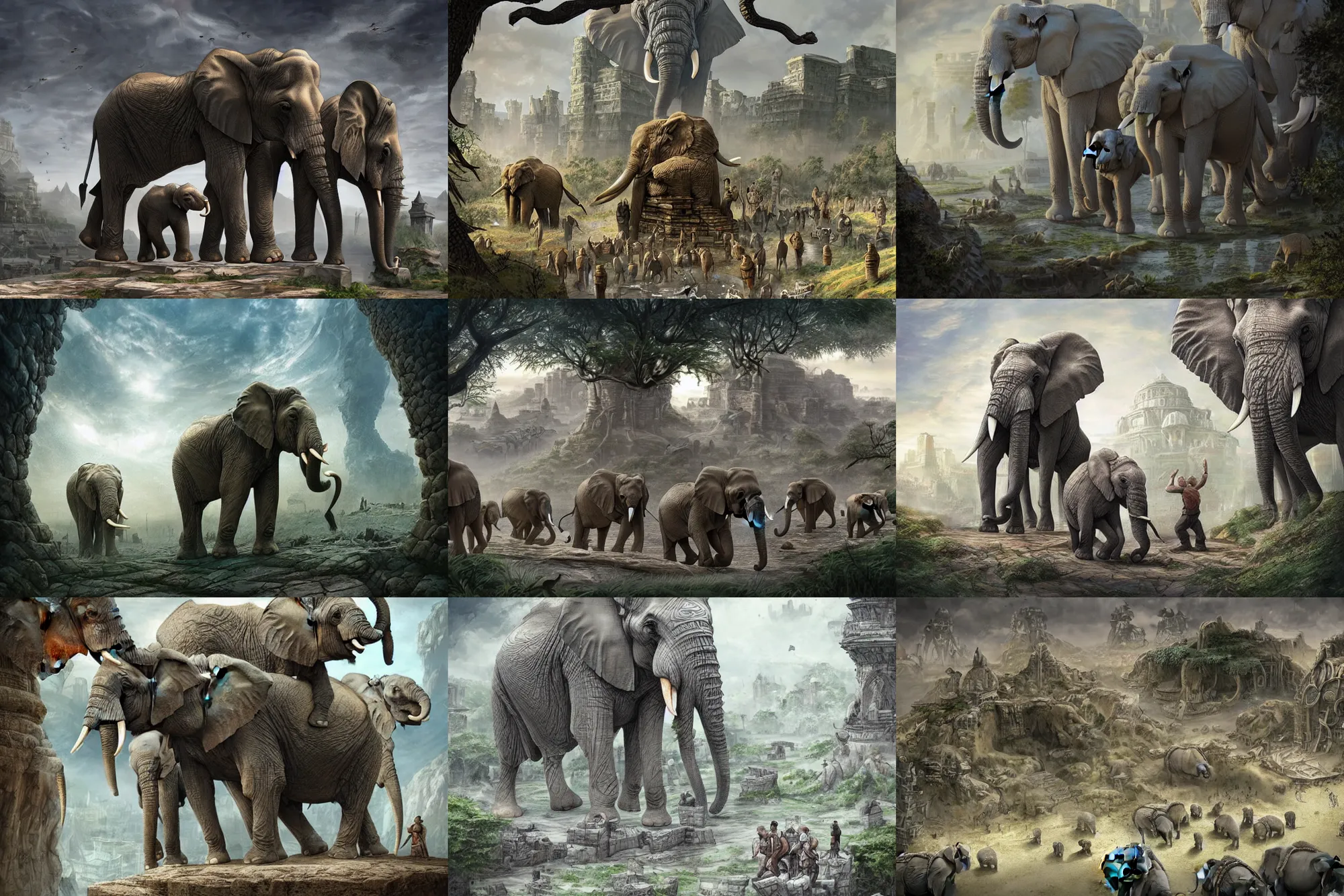 Prompt: civilization of ( elephants ), a city!! made of stone and woods made by ( elephants for elephants ), epic fantasy sci fi illustration
