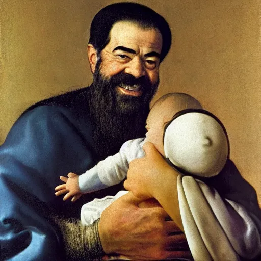 Image similar to A portrait of Saddam Hussein smiling and holding a baby gently in his arms by Johannes Vermeer