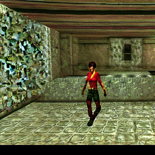 Prompt: trippy tomb raider screenshot emulator psx retro shader, 1 9 9 9 videogame - sd