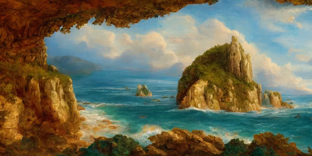 Image similar to fantasy painting of islands and cliffs overseeing a vast ocean