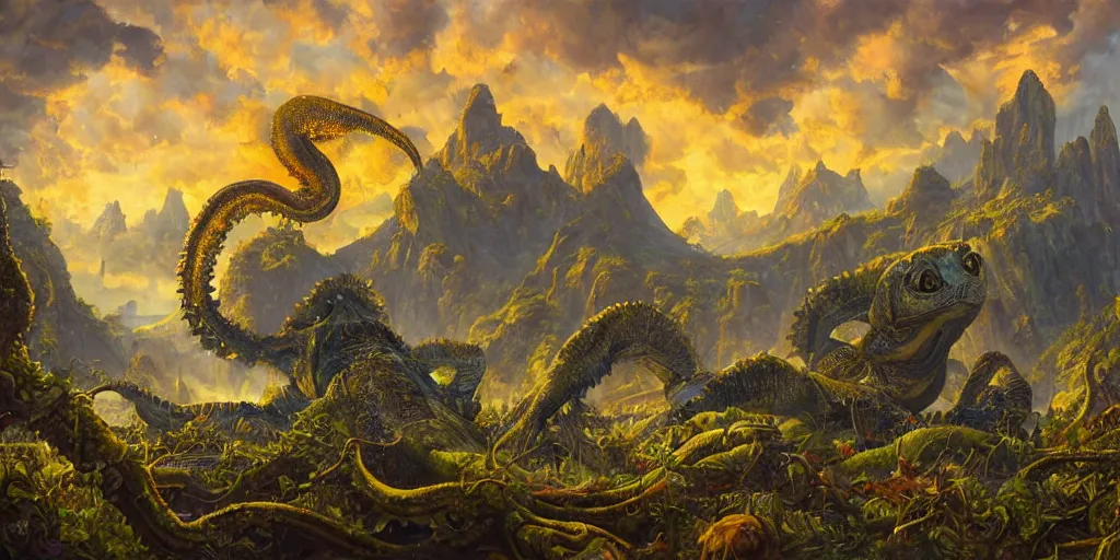 Image similar to fantasy oil painting, great leviathan, cybernetic turtle cephalopod terrapin reptilian pachyderm squid, bella hadid, hybrid, milla jovovich, anubis, epic natural light, lush plants flowers, spectacular mountains, bright clouds, luminous sky, outer worlds, golden hour, michael cheval, edward hopper, michael whelan, vray, hd