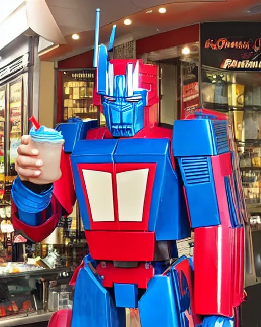 Prompt: optimus prime drinking a milkshake