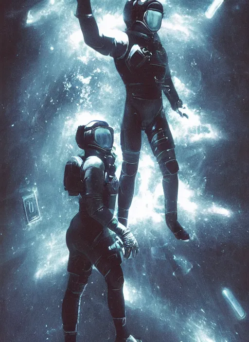 Image similar to astronauts in dark void underwater - complex and hyperdetailed technical suit. reflection and dispersion materials. rays and dispersion of light. volumetric light. f / 3 2. noise film photo. flash photography. ultra realistic, wide angle. poster by wayne barlowe, hajime sorayama aaron horkey, craig mullins