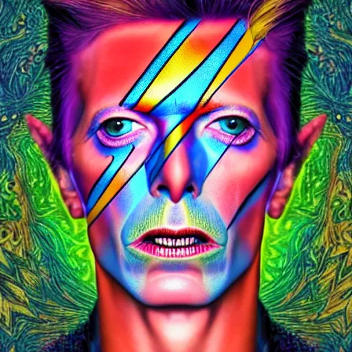Image similar to an extremely psychedelic portrait of david bowie, surreal, lsd, face, detailed, intricate, elegant, lithe, highly detailed, digital oth, sharp focus, illustration,