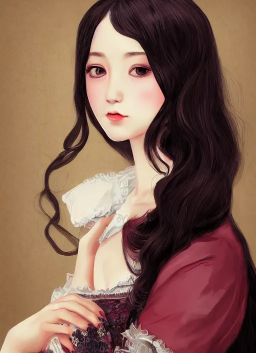 Image similar to a photograpic portrait of young woman, pride and prejudice, kawaii style, with kind face, dark hair, georgian dress, intricate, elegant, highly detailed, digital painting, smooth, sharp focus