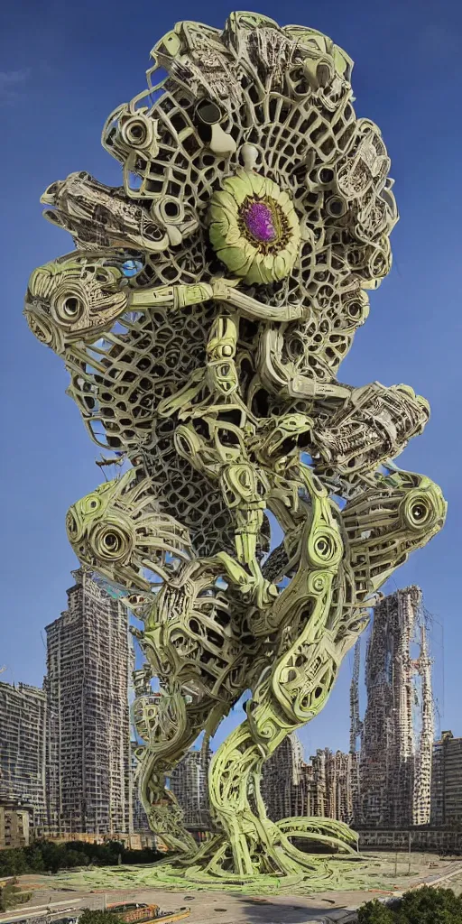 Image similar to colossal psyhedelic alien predator flower made from worst unfulfilled mankind projects in the middle of abandoned post soviet constructivist cityscape, Stalinist architecture, ultradetailed, Intricate by Niruyoshi Ohrai and Hayao Miyazaki and Josan Gonzalez