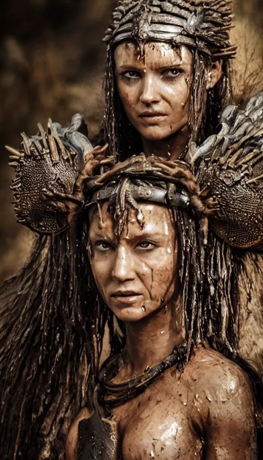 Image similar to wet ancient princess tribeswoman in battlerage, destroyed armor inspired by monster hunter, low shot camera, muscular, symmetrical face, clean face, subtle make up, debris and arrows flies around her, frozen time effect,dramatic lighting, cinematic, establishing shot, extremely high detail, photorealistic, 300 the movie,monster hunter the movie, dune the movie, cinematic lighting, artstation, octane render, western,old photo, vintage