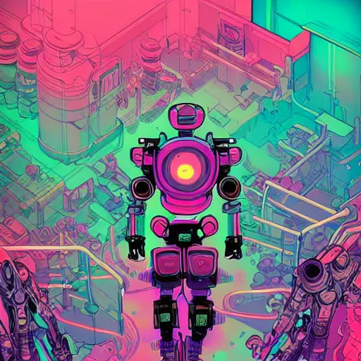 Prompt: kawai robot illustration vivid color borderlands by josan gonzales and dan mumford radiating a glowing aura