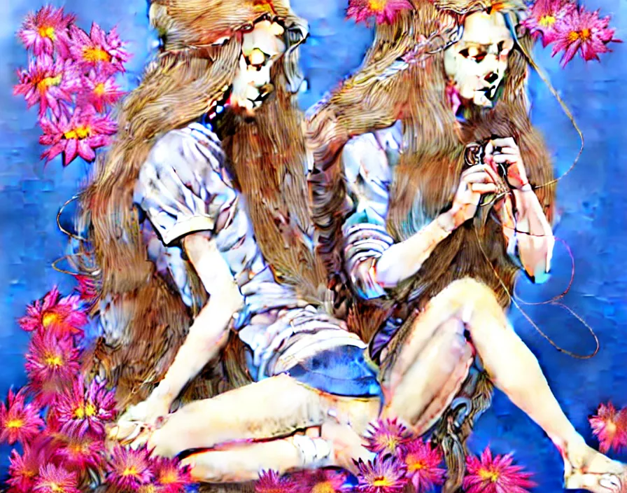 Prompt: richly detailed colored pencil 3D illustration of a beautiful English woman with long metallic hair wearing a hoodie and short shorts,she is sewing thread drawings of flowers into her own thighs. mirrored background with completely rendered reflections, art by Range Murata and Artgerm.