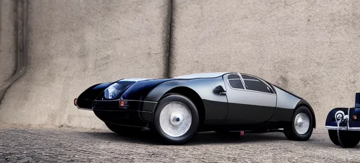 Image similar to a single bugatti type 5 7 sc atlantic and delorean hybrid, dslr, volumetric lighting