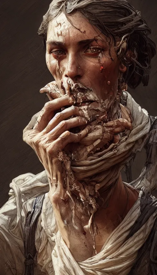 Image similar to beggar, sweaty, dirty, insane, intricate, highly detailed, digital painting, artstation, concept art, smooth, sharp focus, illustration, Unreal Engine 5, 8K, art by artgerm and greg rutkowski and alphonse mucha