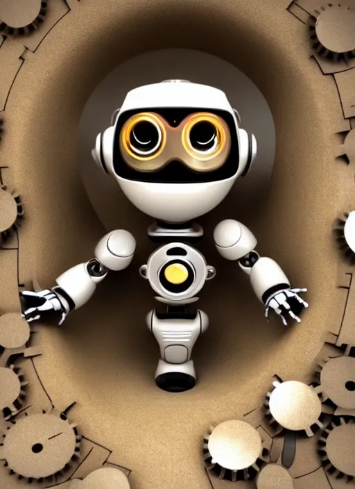 Image similar to a cute little robot, wearing clothes, clockwork gears visible in a hole in his chest, global illumination, radiant light, detailed and intricate environment