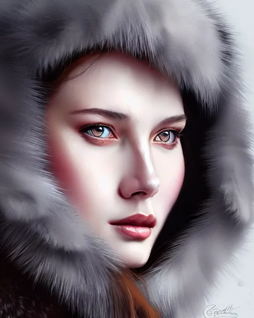 Image similar to a beautiful siberian girl with bear fur coat with beautiful decollete | | winter, realistic shaded, unpleasant face, bad looking, fine details, realistic shaded lighting poster by greg rutkowski, magali villeneuve, artgerm, jeremy lipkin and michael garmash and rob rey