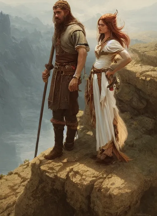 Image similar to a viking couple standing on the edge of a cliff, highly detailed, digital painting, artstation, concept art, sharp focus, illustration, art by greg rutkowski and alphonse mucha