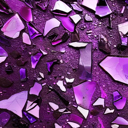 Prompt: purple shattered paint!, broken glass!!!!!, lava!!!, conglomerate!, slush!!, organized composition!, sculpture!!, black backdrop 4k