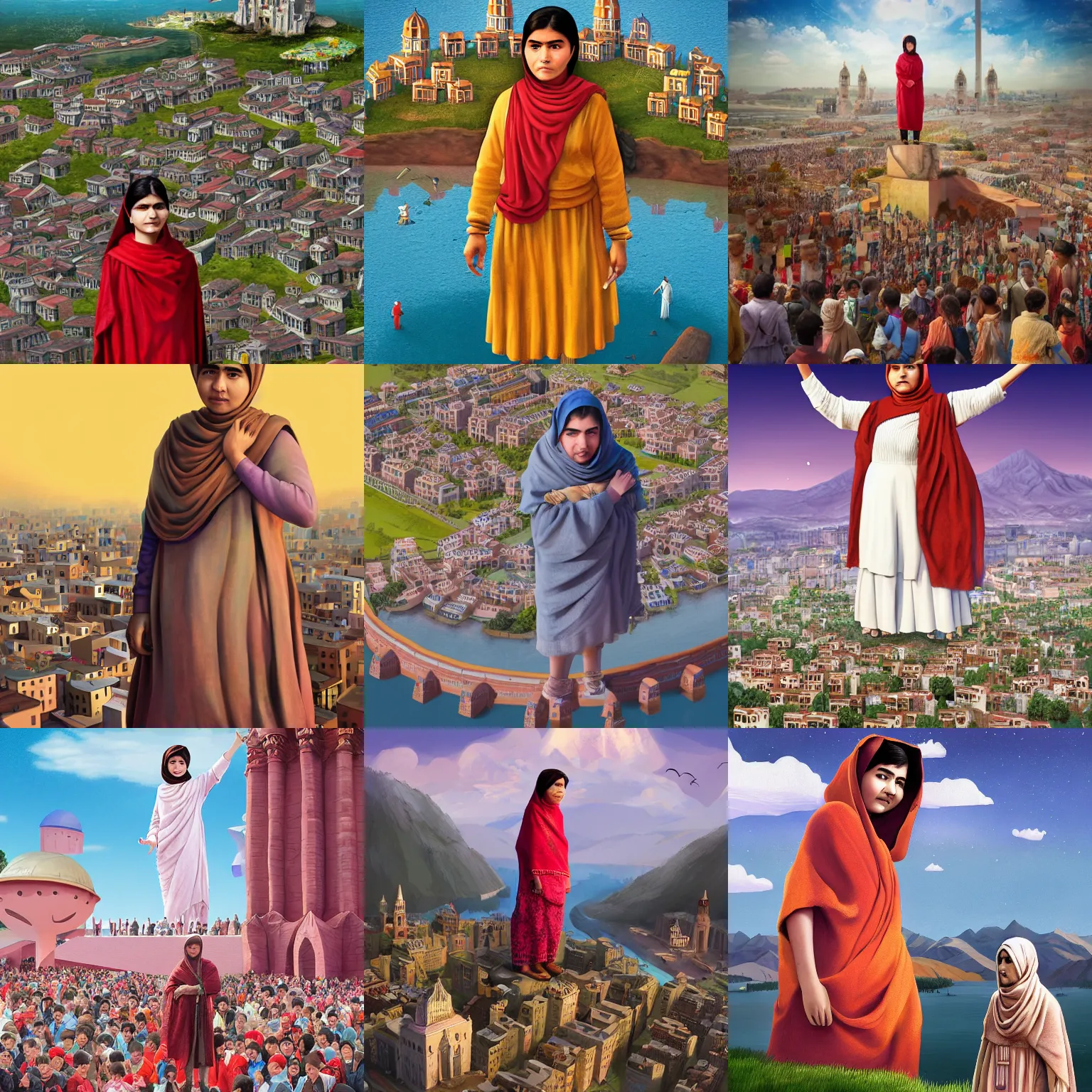 Prompt: Giant Malala Yousafzai stands next to a town, surrounded by people, digital art, trending on ArtStation, Gulliver's Travels