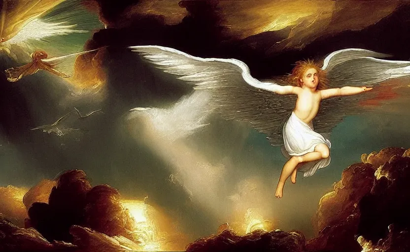 Prompt: a young beautiful angel wearing white angelic clothes flying among heaven and hell painted by thomas cole