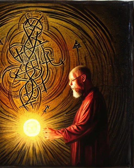 Image similar to encaustic painting of mage reciting an incantation and standing on glowing circular runes in the middle of dark room, high production value, intricate details, high resolution, hyperrealistic, hdr, high definition, masterpiece, ultra realistic, highly detailed, hd, sharp focus, non blurry, sharp, smooth