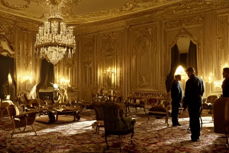Image similar to cinematography of detectives investigating a crime scene in an decadent palace foyer by Emmanuel Lubezki