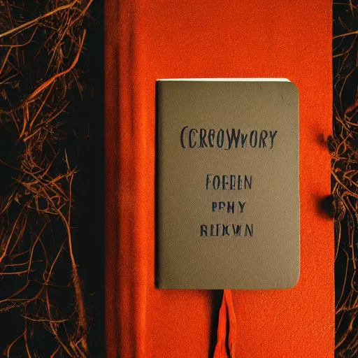 Image similar to award winning photography of a creepy book, creepy forest background, burnt orange and navy hues, 40mm lens, shallow depth of field, split lighting