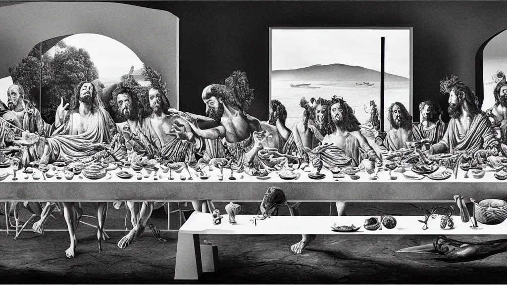 Prompt: the newest masterpiece of salvador dali inspired by dan hillier, it is called ; the last supper