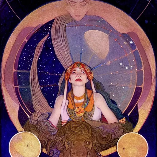 Image similar to queen of the moon with stars in her hair, by nicholas roerich and annie swynnerton and donato giancola and dulac, dramatic lighting, god rays, geometric tattoos, rich colors, smooth sharp focus, extremely detailed, leo and diane dillon, adolf wolfli