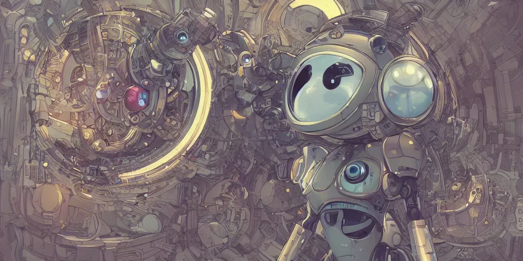 Prompt: a cute robot figure, bird's eye view, portal to a futuristic steampunk world, extremely detailed, sharp focus, wide view, full body shot, smooth, digital illustration, by, james jean, by rossdraws, frank franzzeta, sakimichan, mcbess, aphonse mucha