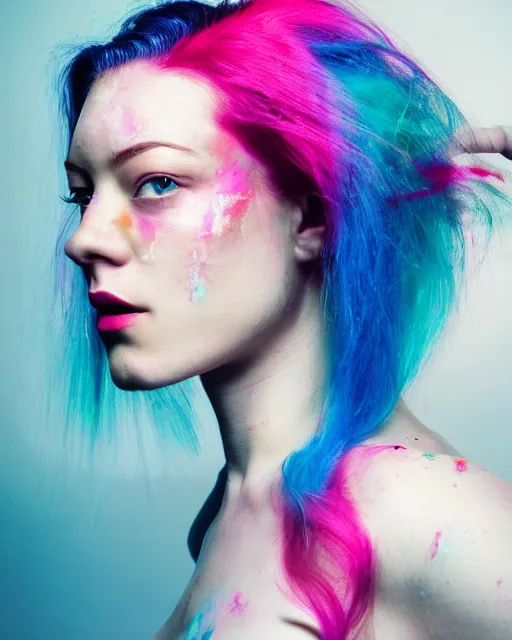 Prompt: a dramatic lighting photo of a beautiful young woman stoya with cotton candy hair. paint splashes. with a little bit of cyan and pink