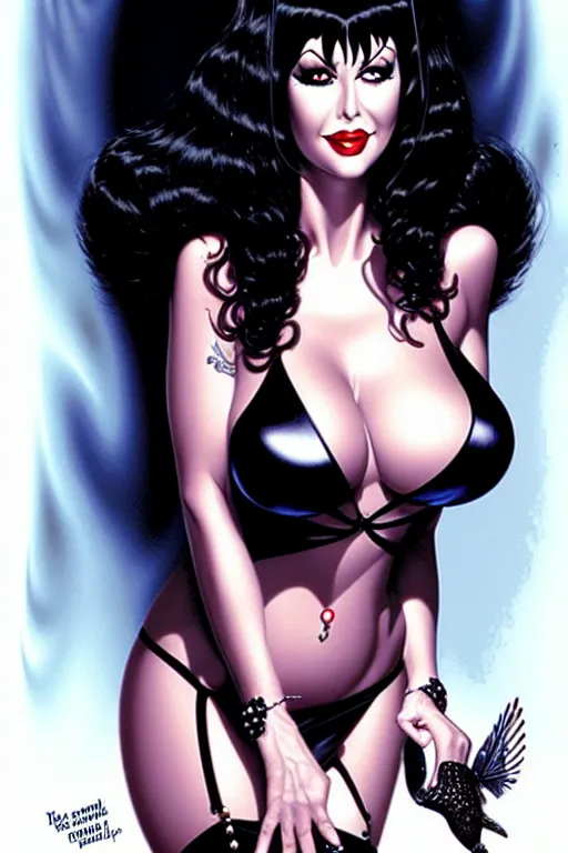Image similar to a ( beautiful masterpiece highly detailed ) full body portrait illustration of intimate alluring elvira! mistress of the dark by ralph horsely and artgerm and joe jusko, raven black, pearlescent white