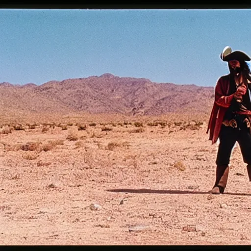 Prompt: a pirate, in the desert, film still, panavision panaflex