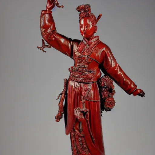Prompt: museum angeline joile portrait statue monument made from chinese porcelain brush face hand painted with iron red dragons full - length very very detailed intricate symmetrical well proportioned