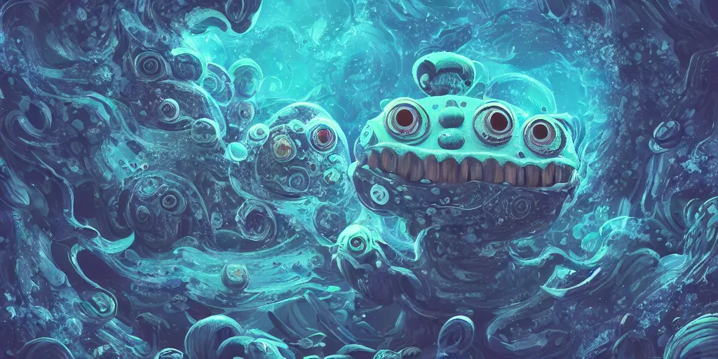 Image similar to of an intricate deep sea with strange cute friendly happy creatures with huge eyes, long tongue, round teeth and goofy funny face, appearing from the background, in the style of gehry and gaudi, macro lens, shallow depth of field, ultra detailed, digital painting, trending artstation, concept art, illustration, cinematic lighting, photorealism, epic, octane render