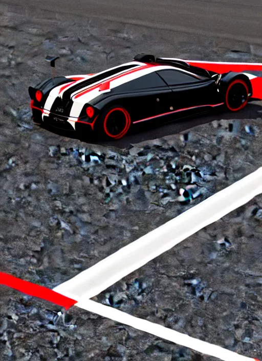 Image similar to Black with red striped Pagani Zonda R cornering on a racetrack, 3D render at 16K resolution,