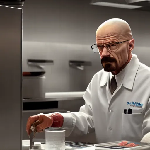 Image similar to walter white working at mcdonalds, photorealistic, highly detailed, sharp focus, 4 k, movie still