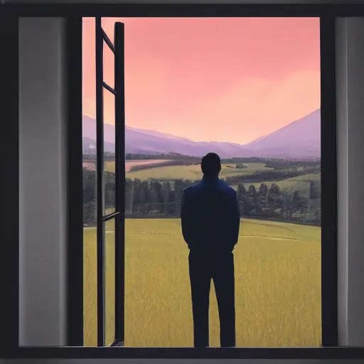 Image similar to man gazing out of window at dusk, hyperreal