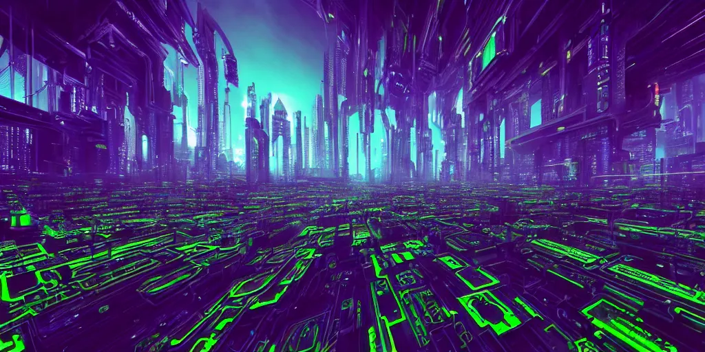 Prompt: a landscape view of a cybernetic cathedral overlooking an higway made of rows of glowing green codes and symbols, cyberpunk, beautiful detailed, cinematic, strong lighting, hi - fructose art magazine, photorealistic, 8 k, gradient cyan to purple, by paul lehr and david heskin