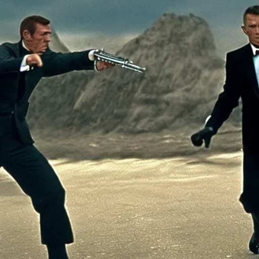 Prompt: Epic Action Scene of James Bond and Rick Astley fighting villains