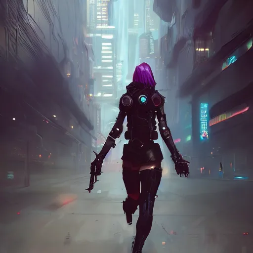 Image similar to a cyberpunk hunter, chasing her enemies, by WLOP, high quality, trending on artstation