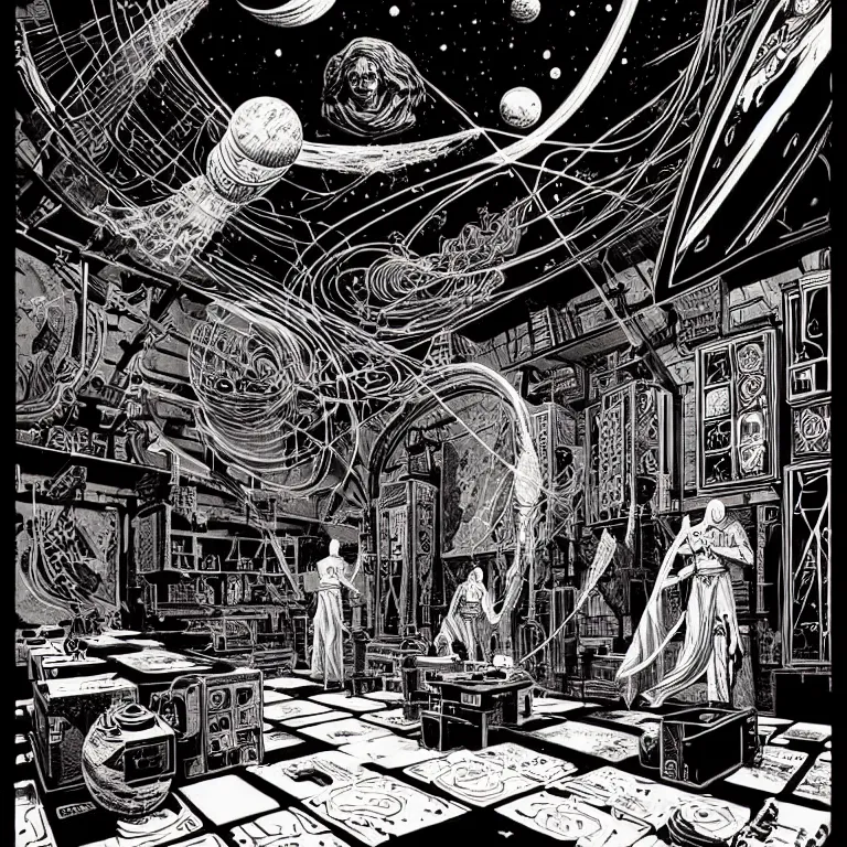 Image similar to ancient alchemist wizards laboratory, ceiling open to outerspace, high details, intricate clean line art, by vincent di fate, inking, 3 color screen print, masterpiece, trending on artstation, sharp, high contrast, hyper - detailed, hd, 4 k, 8 k