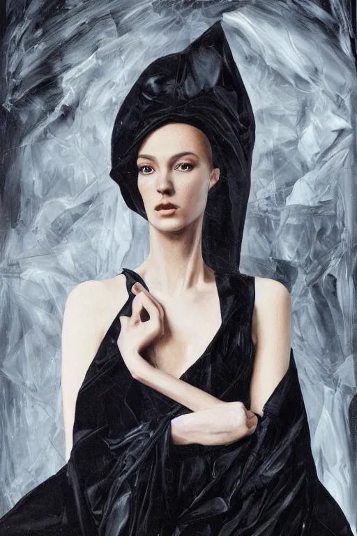 Prompt: hyperrealism mixed with classicism, oil painting, close - up portrait of fashion model with abstract and surrealism painting at skin, fully clothes in black reflect robe, complete darkness, in style of classicism mixed with 8 0 s sci - fi hyperrealism