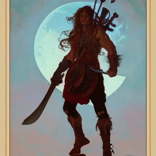Image similar to Berserker warrior wielding a greataxe under a red moon, digital art, art by Alphonse Mucha, Greg Rutkowski, Alex Ross, WLOP, Artstation, 8K