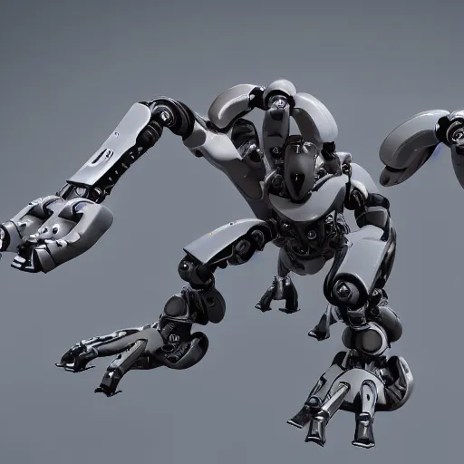 Prompt: hard surface, robotic platform, based on round quader, 6 claws, symmetric, unreal engine