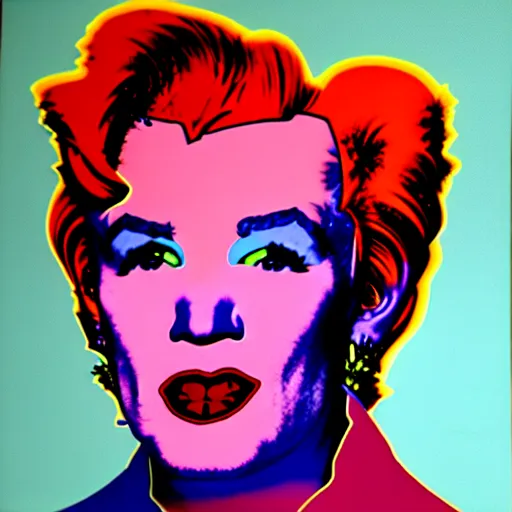 Prompt: colour portrait of angry andy warhol, 20 years old. andy's shoulders are visible in the frame. andy looks straight into the camera. in the style of andy warhol