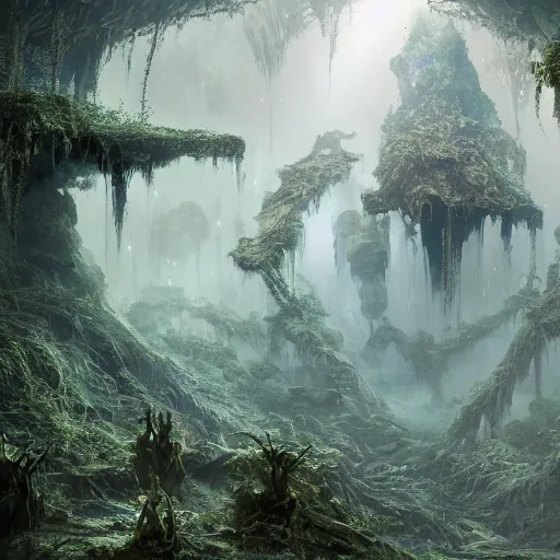 Prompt: photo an overgrown deep underground cave on another world embellished with a lush overgrown jungle of beautiful ancient alien trees, alien elvish cave village, scattered complex ancient monoliths emitting cosmic astral energy, nebula fog and cosmic mist, 4 k rtx hdr volume light concept studio matte painting environment octane, ue 5, photorealistic render trending on artstation by eytan zana