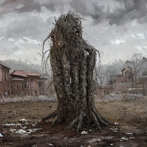 Image similar to painting of a abandoned post soviet town infested with humanoid root monsters by jakub rozalski