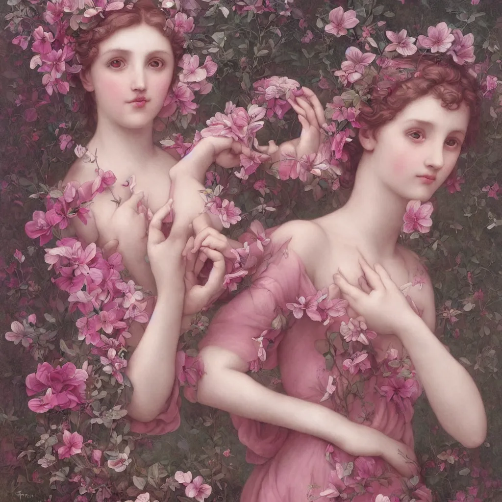 Image similar to one pink fairy with large beautiful wings exploring her lonely flower garden by herself in the style of tom bagshaw, william bouguereau, michelangelo, extremely detailed, muted colors, symmetrical face, large eyes, beautiful face