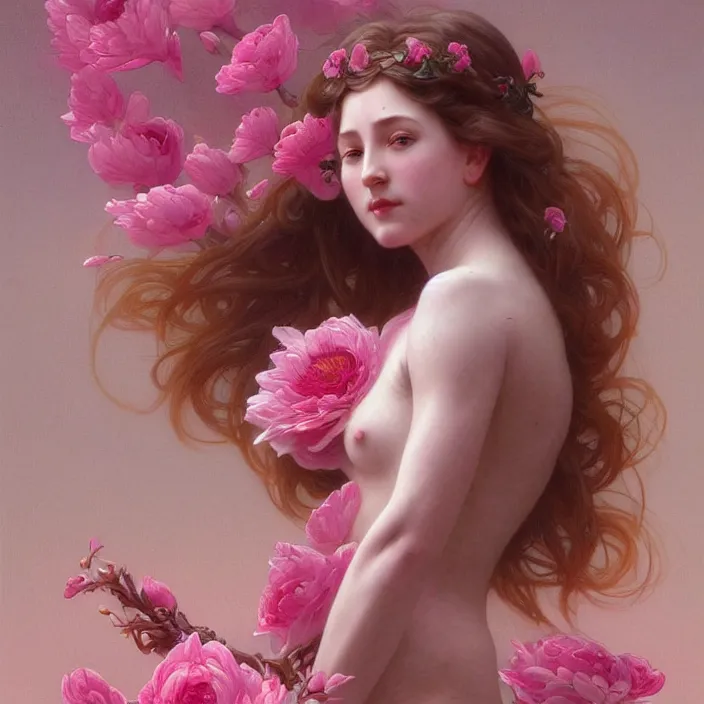 Prompt: a wonderful goddess with the body made of pink petals, intricate, elegant, highly detailed, wonderful eyes, sweet, digital painting, artstation, concept art, smooth, sharp focus, illustration, art by artgerm and greg rutkowski and alphonse mucha and william - adolphe bouguereau