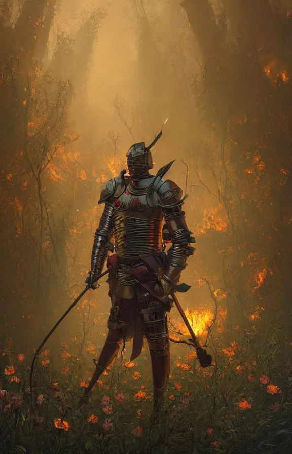 Image similar to portrait of a knight among flowers in dark forest surrounded by fire and smoke, moody, rim light, dynamic lighting, cinematic shot, gritty, ultra - detail, renderman, physically based render, jean delville, gustave dore and marco mazzoni